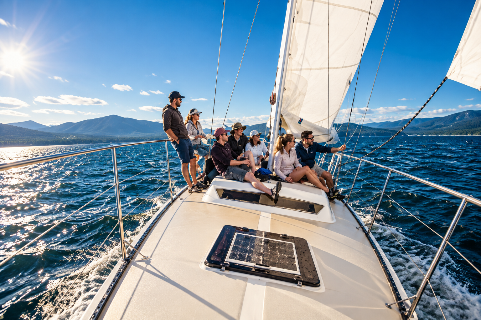 Sailing students enjoying instruction on a beautiful inland lake