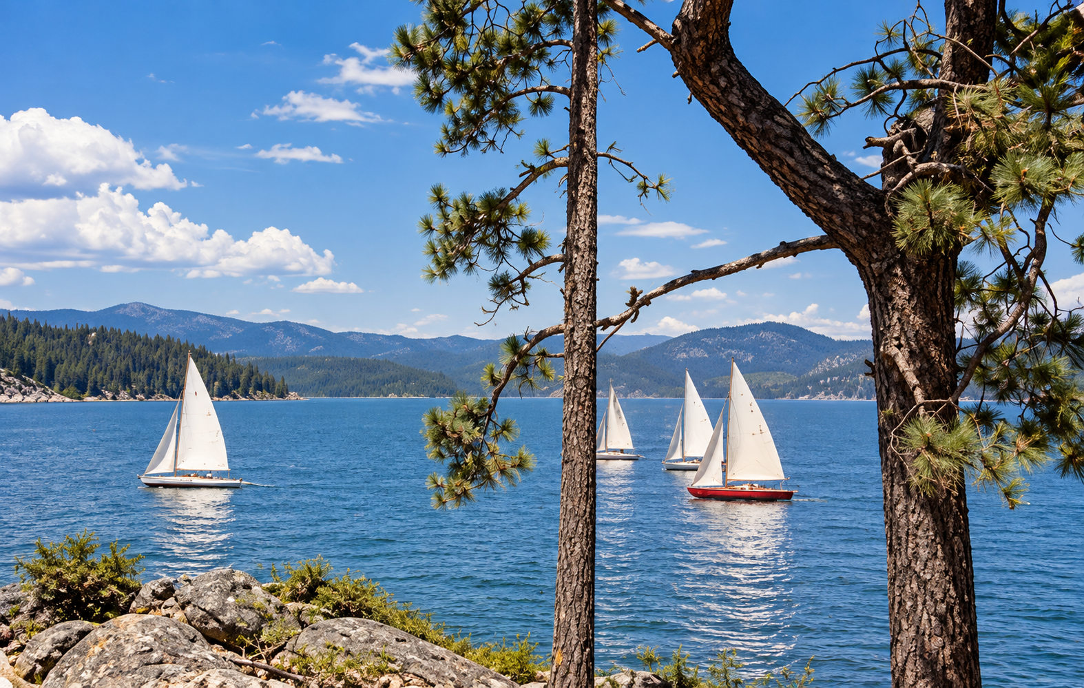 Sailing students learning skills on a beautiful inland lake with an instructor on board